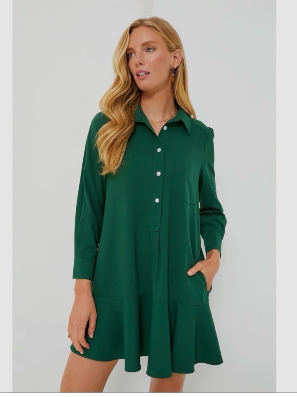 Tuckernuck Callahan Crepe Drop Waist Shirt Dress in Hunter Green - Small